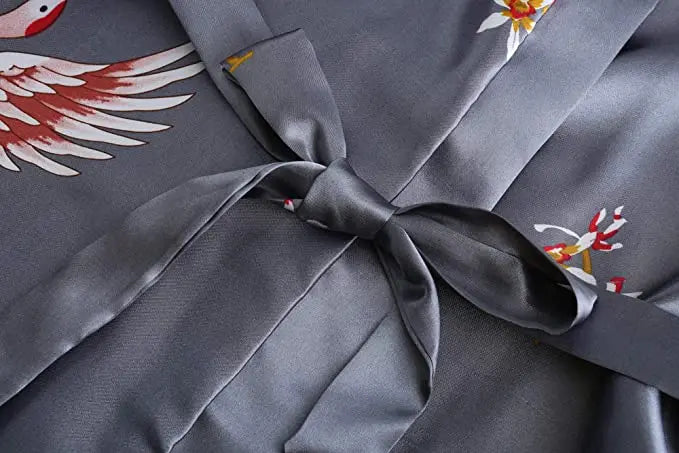 Women's Dark Grey Satin Kimono Robe with Cranes
