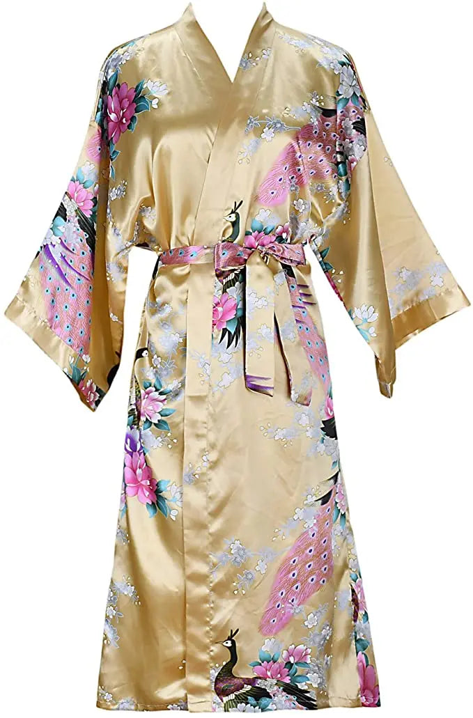 Peacock Floral Golden Satin Kimono Robe