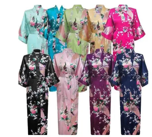 Women's Hot Pink Satin Floral Bird Kimono Robe