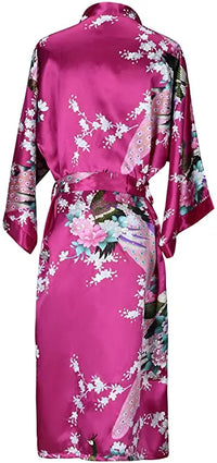 Navy Blue Satin Kimono Robe with Peacock Print