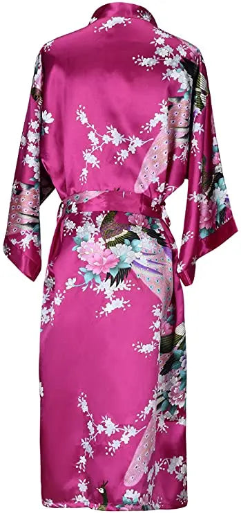 Navy Blue Satin Kimono Robe with Peacock Print