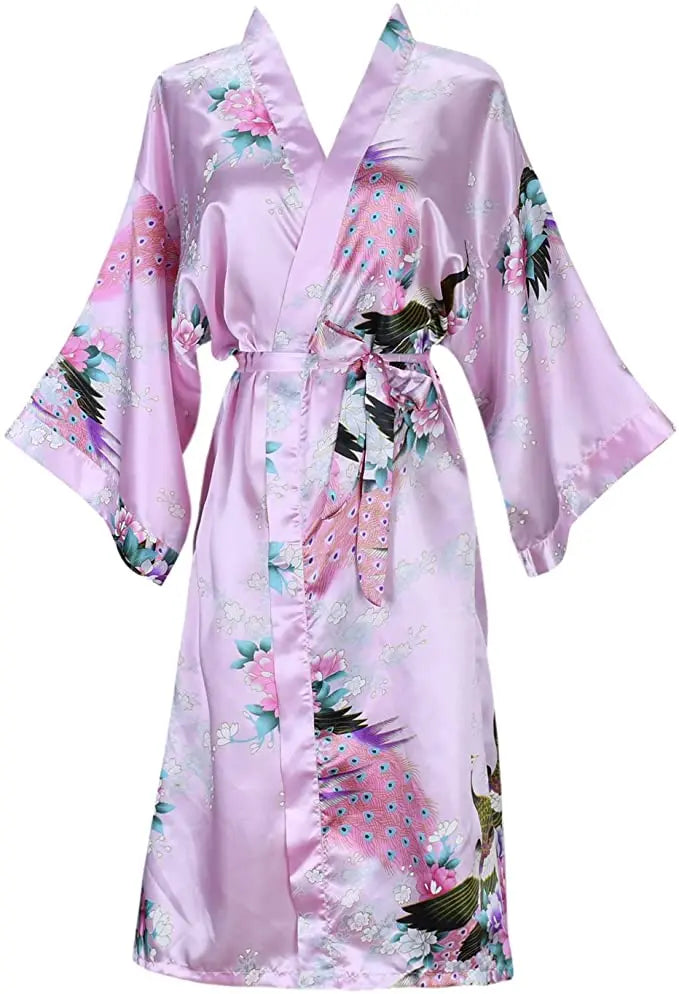 Lavender Satin Kimono Robe with Peacock Print