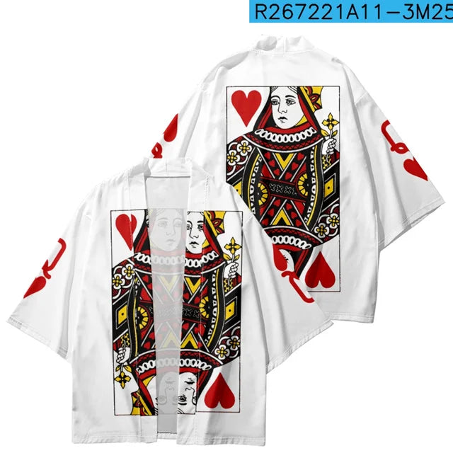 White Queen of Hearts Card Print Kimono Top