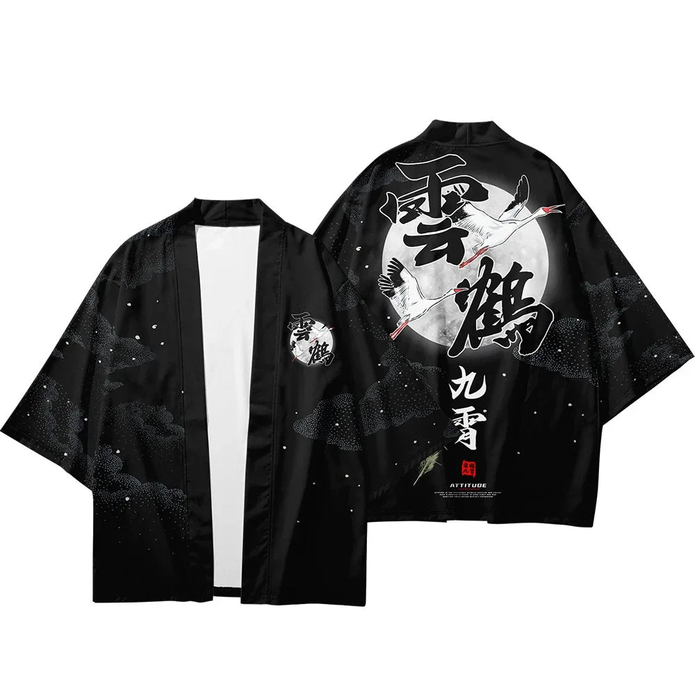 Black Kimono Cardigan with Moon and Crane Art
