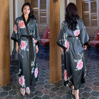 Dark Grey Satin Kimono Robe with Pink Peonies