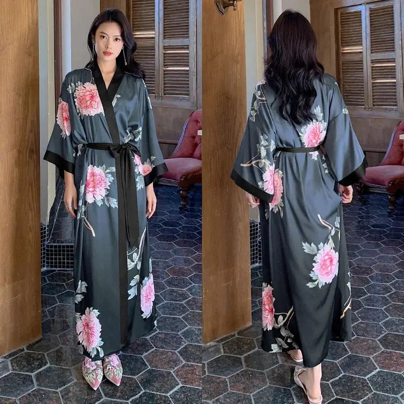 Dark Grey Satin Kimono Robe with Pink Peonies
