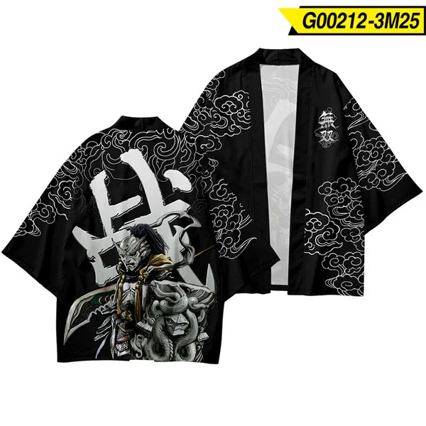 Black Japanese Warrior Print Kimono Cardigan