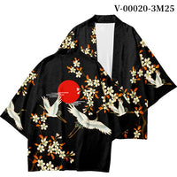 Black Kimono Jacket with Cranes, Blossoms & Red Sun