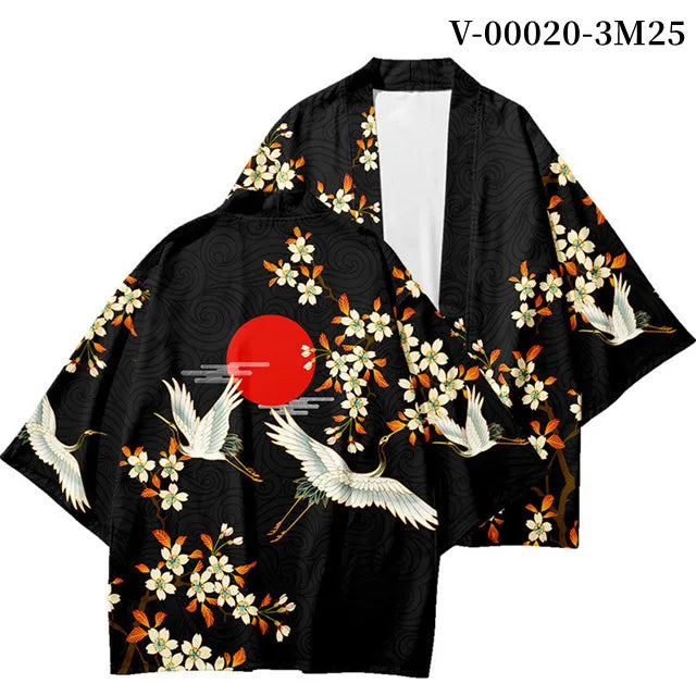 Black Kimono Jacket with Cranes, Blossoms & Red Sun