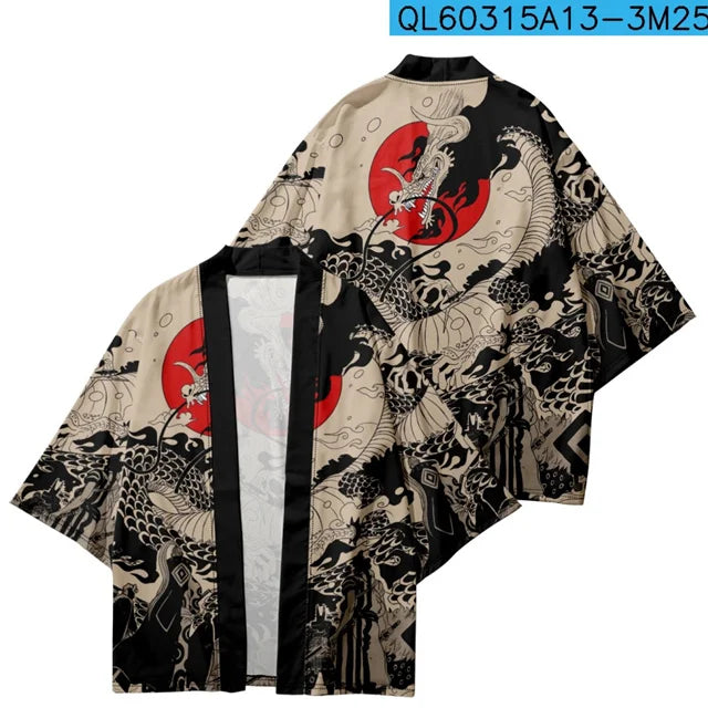 Black and Beige Kimono Jacket with Dragon and Red Sun