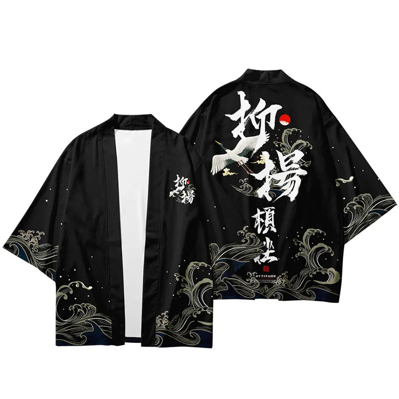 Black Haori Jacket with Katana and Kitsune Print