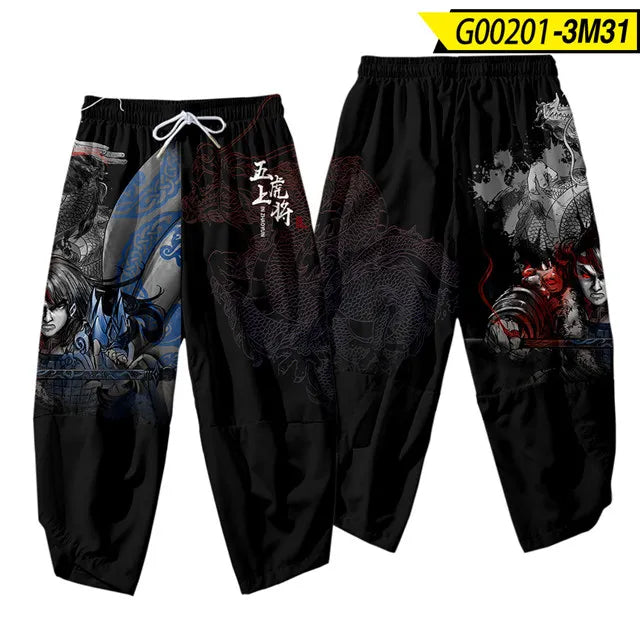 Black Anime Harem Pants with Dragon Print
