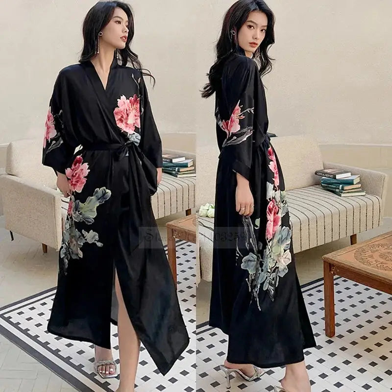 Black Satin Floral Kimono Wrap Maxi Dress