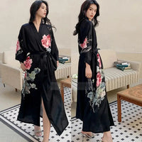 Black Satin Floral Kimono Wrap Maxi Dress