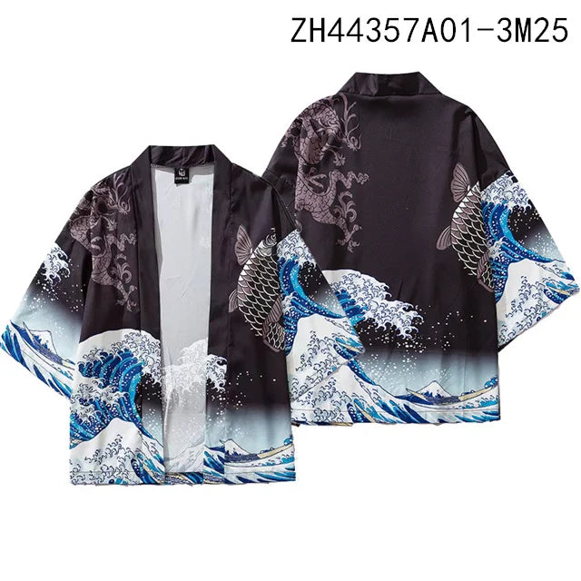 Black Kimono Cardigan with Blue Waves and Koi Fish
