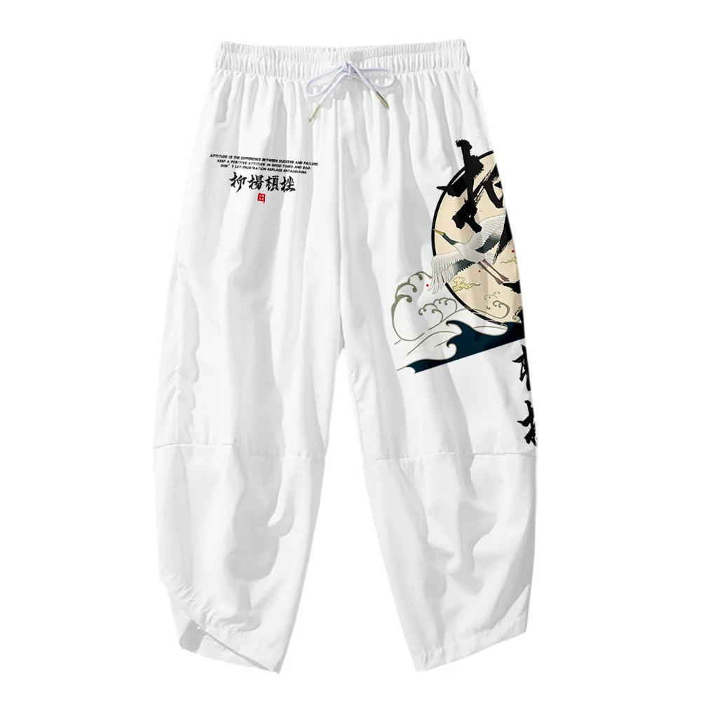 Cropped Black Pants with Japanese Wave Pattern