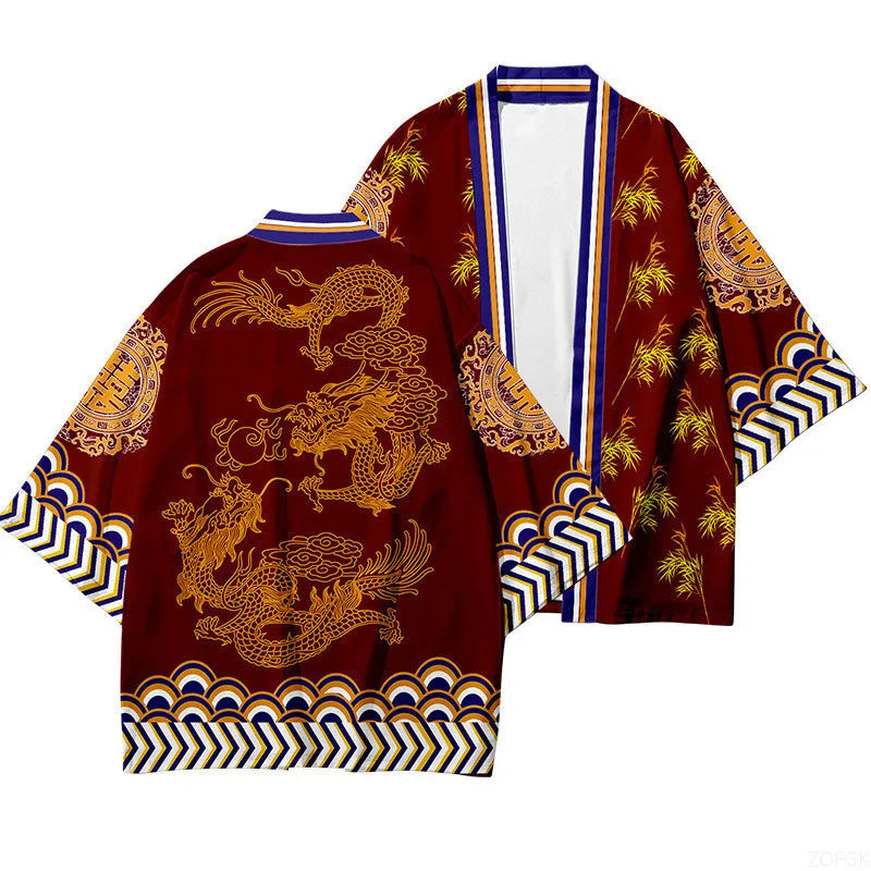 Deep Red Golden Dragon Kimono Cardigan