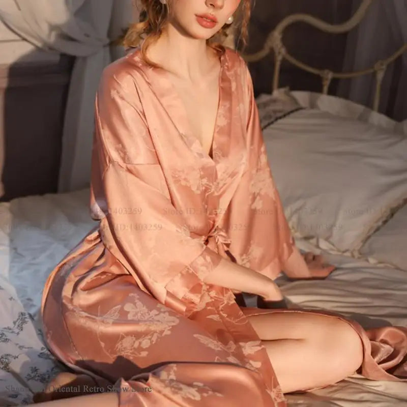 Pale Pink Floral Damask Satin Kimono Robe
