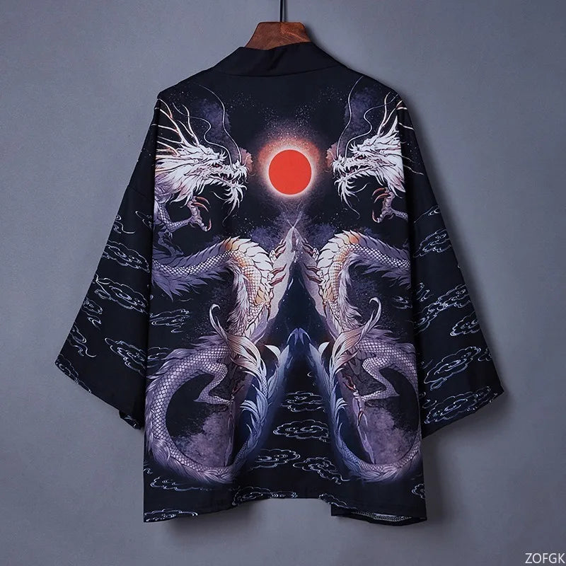 Black Kimono Jacket with Dragon and Red Sun Print