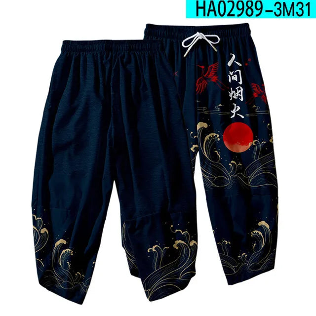 Navy Japanese Crane and Wave Cropped Pants