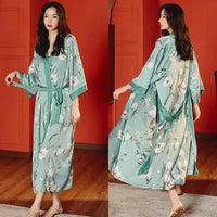 Mint Green Floral Satin Kimono Robe