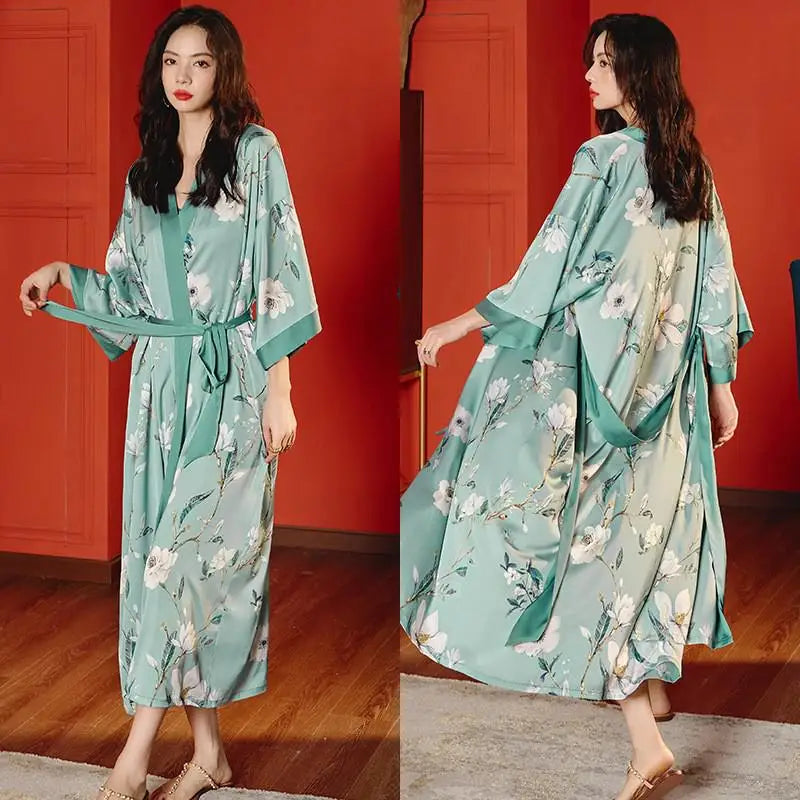 Mint Green Floral Satin Kimono Robe