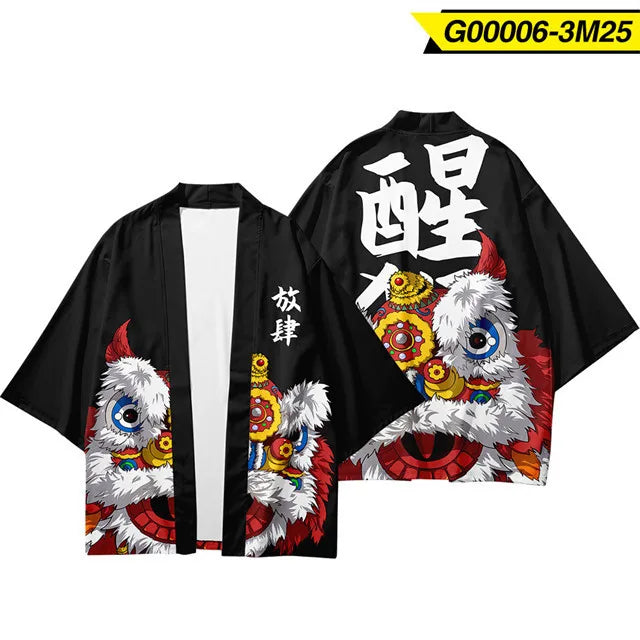 Black Japanese Kimono Cardigan with Lion Dance