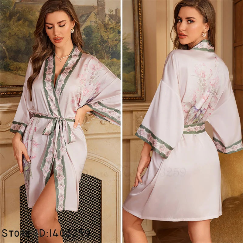 Lilac Floral Satin Kimono Robe with Green Trim