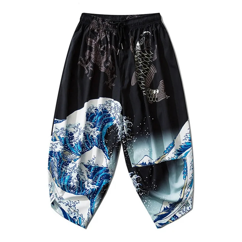 Navy Japanese Crane and Wave Cropped Pants
