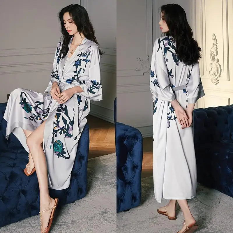 Silky Silver Floral Kimono Robe