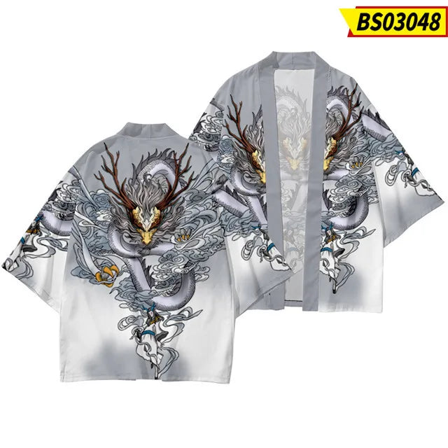 Grey Gradient Mythical Dragon Kimono Jacket