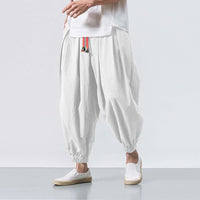 Men's White Cotton Linen Harem Pants with Red Drawstring