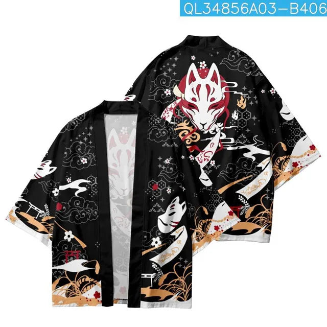 Black Haori Jacket with Japanese Kitsune Mask