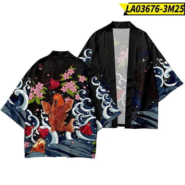 Black Kimono Cardigan with Koi Fish & Sakura