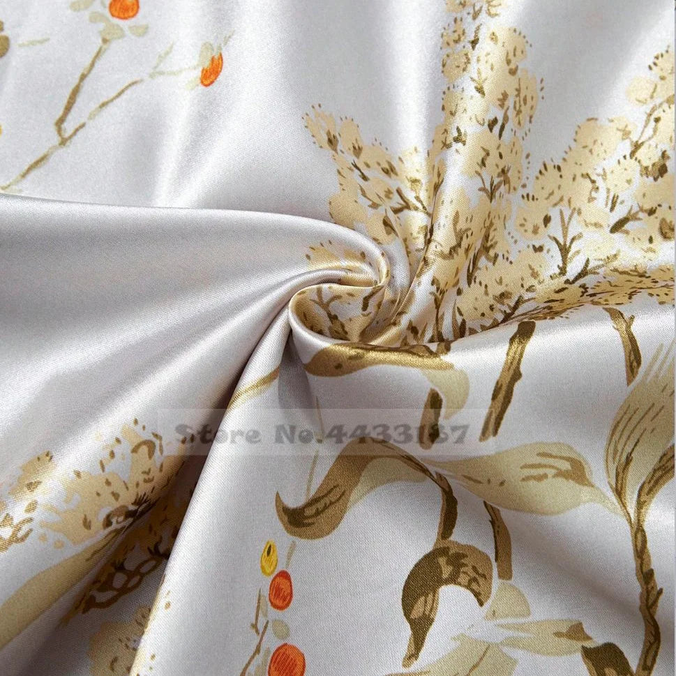 Dusty Blue Satin Kimono Robe with Gold Floral Pattern