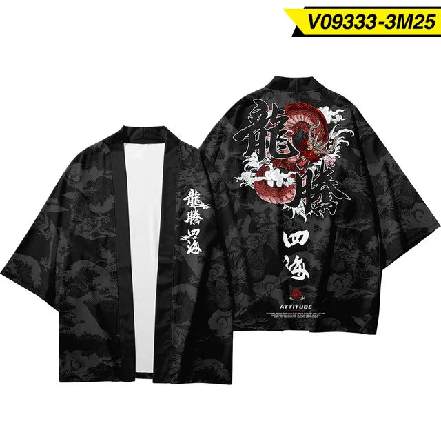 Black Haori Cardigan with Red Dragon and White Script