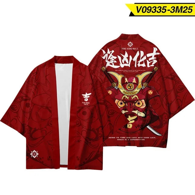 Red Kimono Jacket with Samurai Mask Back Graphic