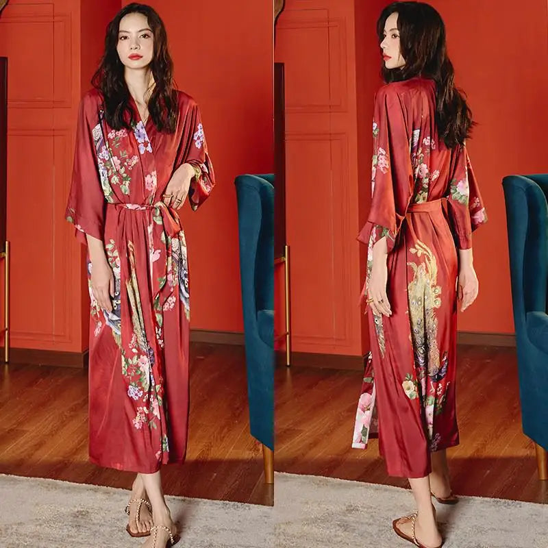 Women's Red Satin Kimono Robe, Peacock Floral Print