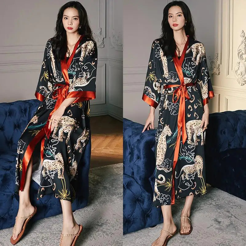 Black Leopard Print Silky Kimono Robe with Orange Trim