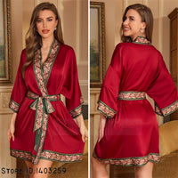 Short Burgundy Satin Kimono Robe with Ornate Trim