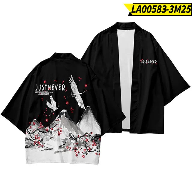 Black Kimono Jacket with Crane & Mountain Blossom Print
