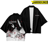 Black Kimono Jacket with Crane & Mountain Blossom Print