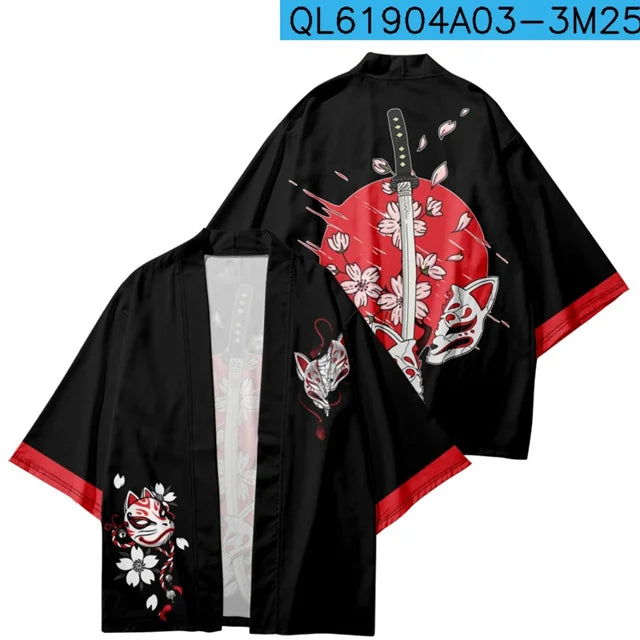 Black Haori Jacket with Katana and Kitsune Print