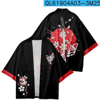 Black Haori Jacket with Katana and Kitsune Print