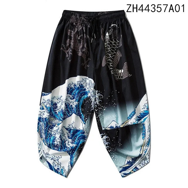 Black Harem Pants with Koi Fish, Dragon & Wave Print