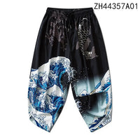 Black Harem Pants with Koi Fish, Dragon & Wave Print