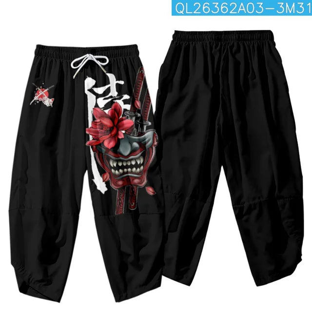 Unisex Black Hannya Mask Streetwear Pants