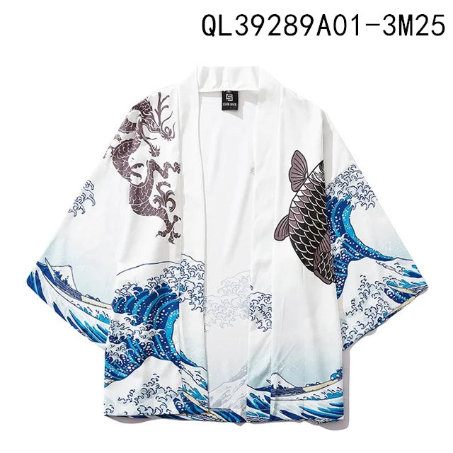 Unisex Japanese Wave Dragon Koi Kimono Jacket