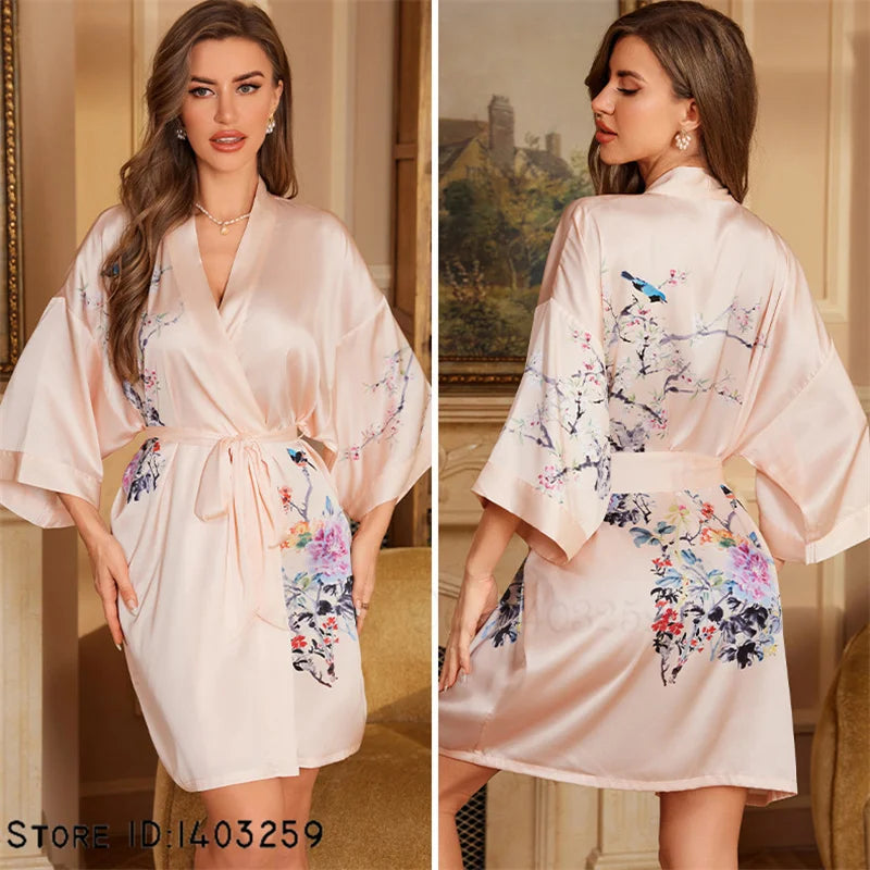 Blush Pink Satin Kimono Robe with Floral Bird Print