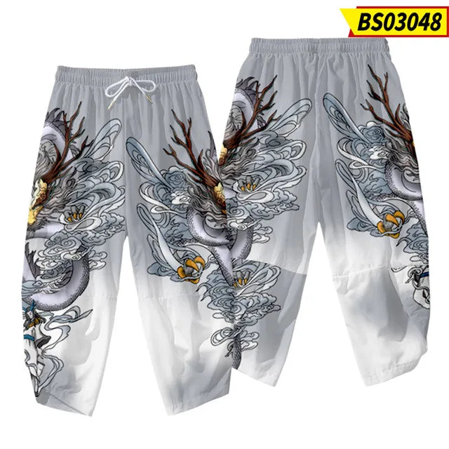 Men's Dragon Print Grey Ombre Cropped Pants